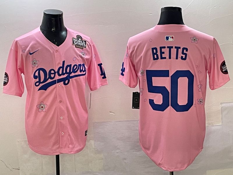 Men Los Angeles Dodgers 50 Betts Pink Sakura Edition 2025 Nike MLB Jersey style 2